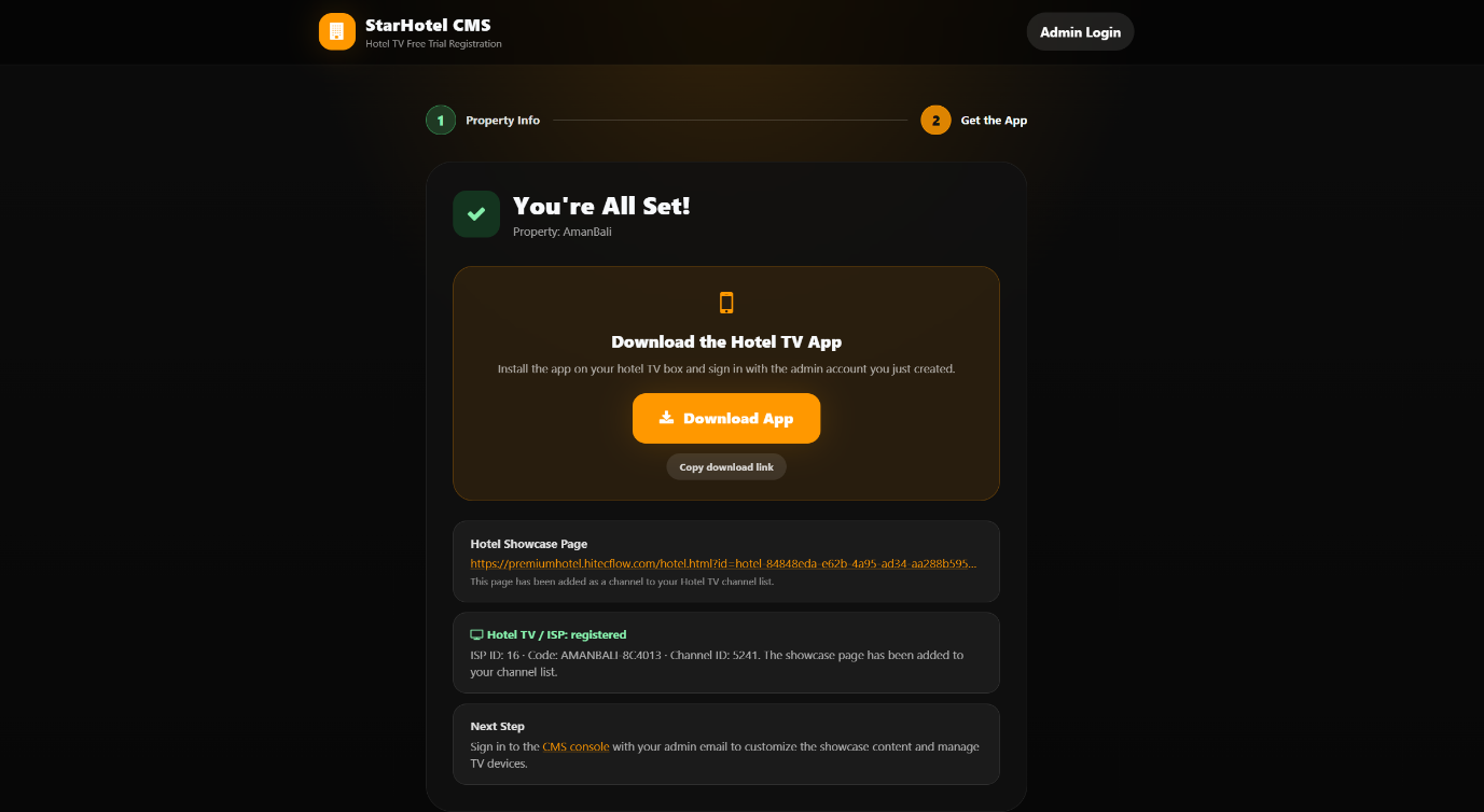 Step 2 page: download link and account info
